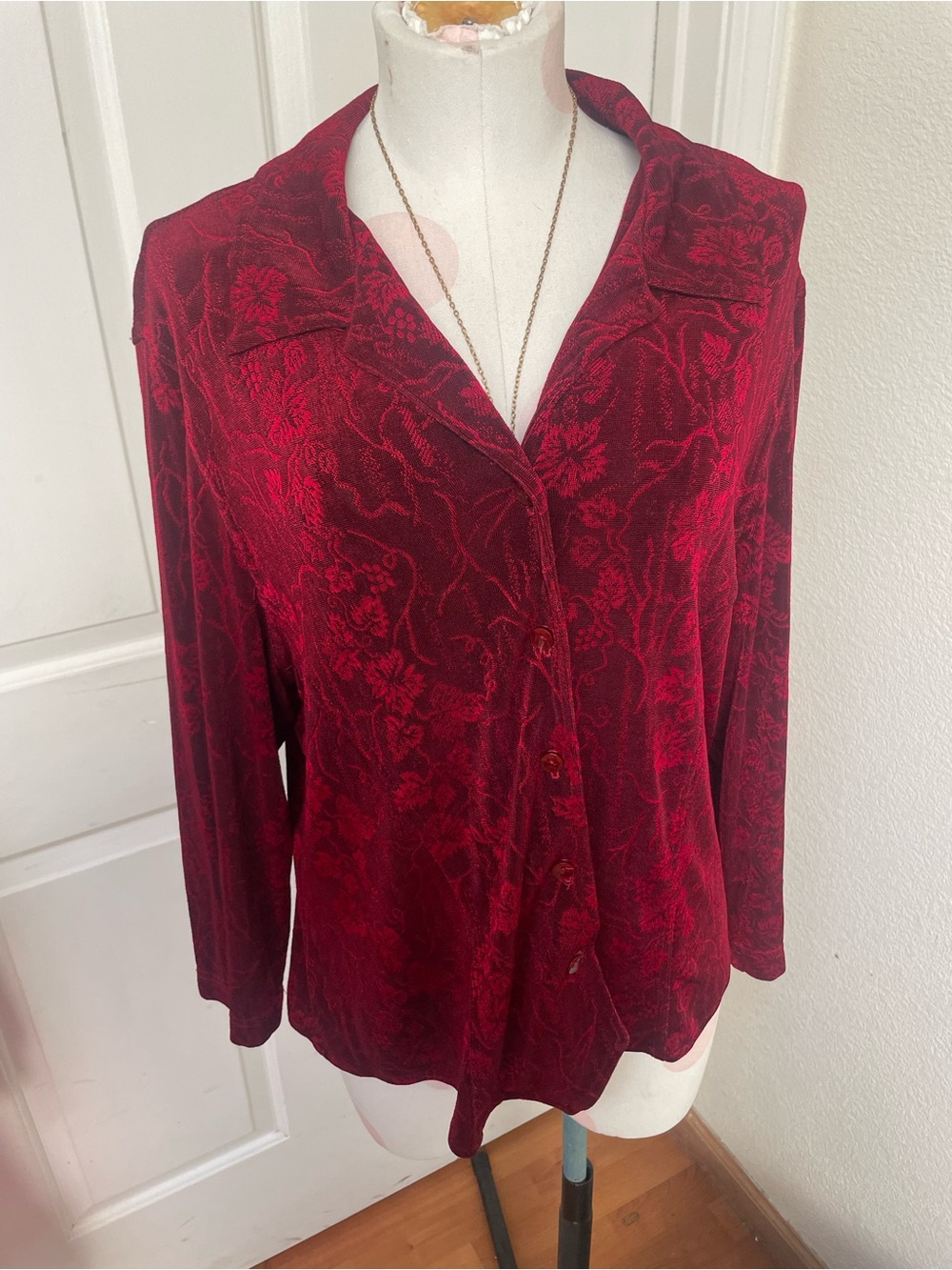 Coldwater Creek Deep Red Floral Button-Down Shirt